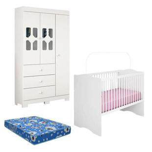 Berço Americano Alegria e Guarda Roupa Infantil New Cristal 3 Portas Branco Brilho com Colchão Canaã - Canaa Baby