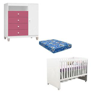 Berço Americano Gabi com Colchão e Cômoda Infantil Ternura Baby Branco Rosa - Incorplac
