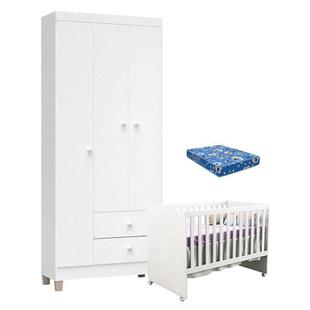 Berço Americano Gabi com Colchão e Guarda Roupa Ternura Baby 3 Portas Branco Brilho - Incorplac