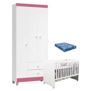 Berço Americano Gabi com Colchão e Guarda Roupa Ternura Baby 3 Portas Branco Rosa - Incorplac