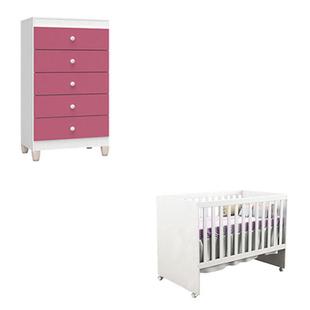 Berço Americano Gabi e Cômoda Gaveteiro Ternura Baby Branco Rosa - Incorplac