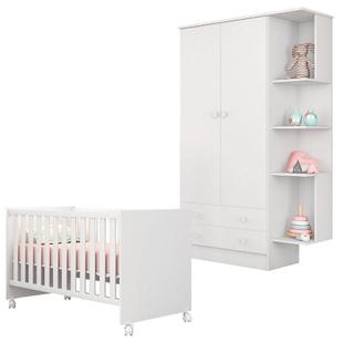 Berço Americano Mini Cama 100 e Guarda Roupa Infantil Doce Sonho 106 2 Portas Branco Brilho Qmovi