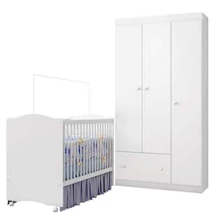 Berço Satriani e Guarda Roupa Infantil Fantasy Clean Branco Brilho - Móveis Estrela - Moveis Estrela