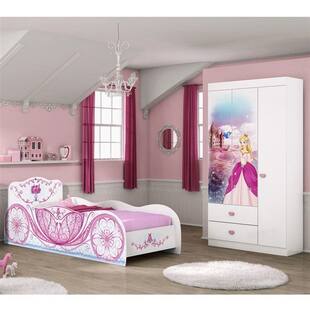 Cama E Guarda Roupa Infantil Carruagem Branco Rosa Moveis Estrela - Móveis Estrela