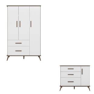 Cômoda e Guarda Roupa Retrô Gabi 3 Portas Phoenix Cor Branco Amadeirado