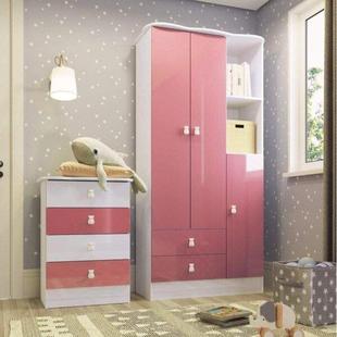 Quarto de Bebê Completo com Guarda Roupa e Cômoda 377001 Siena Móveis Rosa