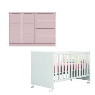Conjunto Quarto de Bebê Cômoda Sapateira Pérola Rosê e Berço 1344 com Rodízios Branco Phoenix Qmovi