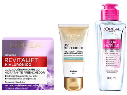 Creme Facial Hialurônico + Protetor Solar Facial – FPS 60 Claro + Água Micelar 5 em 1