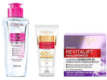 Creme Facial Hialurônico + Protetor Solar Loreal – Paris FPS 60 + Água Micelar 5 em 1 100ml