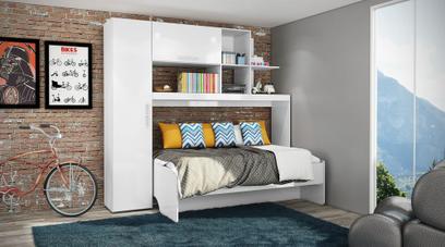 Estação de Dormir Escritório Cama Dreams de Solteiro Multifuncional e Retrátil com Armários Prateleiras Escrivaninha 4 Em 1 Branco - Art In Móveis