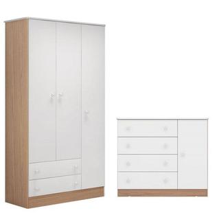 Guarda Roupa 2617 e Cômoda Infantil 2561 Doce Sonho Carvalho Branco Brilho Qmovi