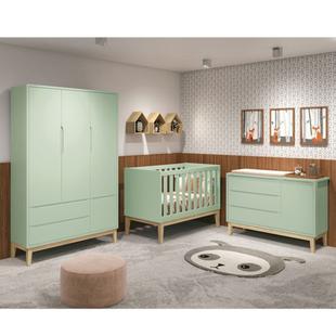 Guarda Roupa com Cômoda e Berço Mini Cama Verde Fosco Reller