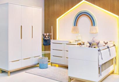 Jogo De Quarto Berço + Cômoda + Roupeiro Cozy Branco c/ Carvalho - Quater