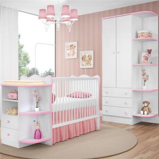 Jogo De Quarto Com Berço E Roupeiro 2 Peças - Qmovi BRANCO/ROSA