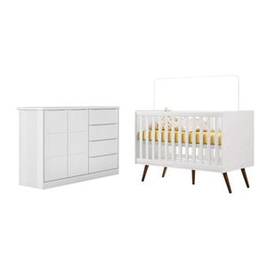 Jogo de Quarto com Cômoda Pérola e Berço Mini Cama Retrô Branco - FbABY - Fnx Móveis