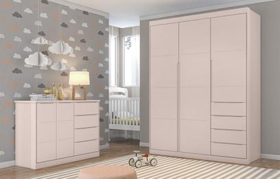 Jogo de Quarto com Guarda Roupa e Cômoda Pérola Rosê - FbABY - Fnx Móveis
