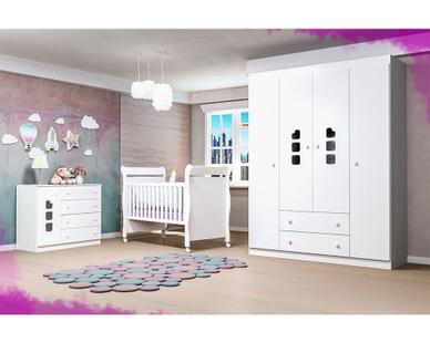 Jogo de Quarto Guarda Roupa 4 Portas, Cômoda Ana Livia + Berço 251 - Phoenix Baby Branco
