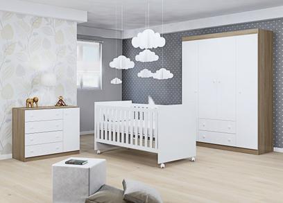 Jogo De Quarto Helena Com Guarda Roupa + Cômoda + Berço Mini Cama 100 - Phoenix Baby