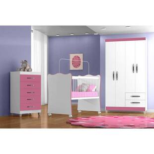 Jogo de Quarto Infantil 3 Peças com Berço Doce Sonho - Rosa - Qmovi