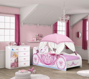 Jogo de Quarto Infantil Carruagem Cama com Dorsel e Cômoda Móveis Estrela