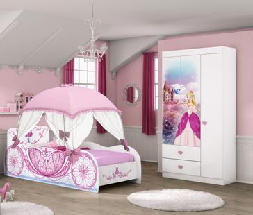 Jogo de Quarto Infantil Carruagem Cama com Dorsel e Guarda Roupa Móveis Estrela