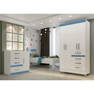 Jogo De Quarto Solteiro Roupeiro 4 Portas Moval Branco Azul
