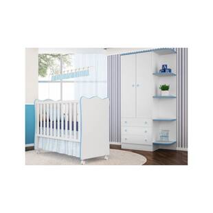 Jogo Quarto Infantil Guarda Roupa e Berço Simples Doce Sonho Branco/Azul - Qmovi