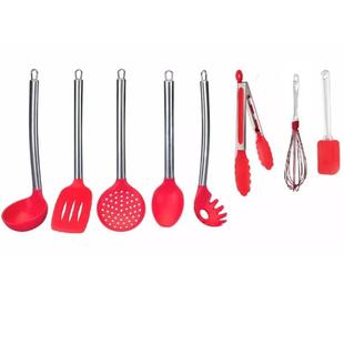 Kit 8 Colheres Utensílios Silicone Vermelho Cabo Inox – Clink