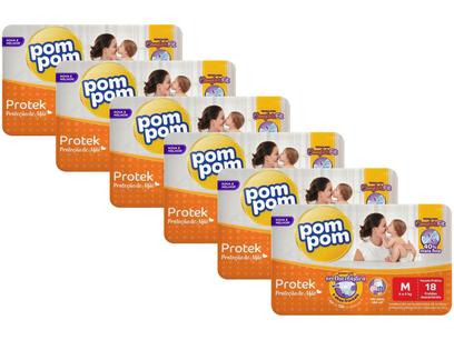 Kit Fraldas Pom Pom Protek Proteção de Mãe Tam. M 4 a 9kg 6 Pacotes com 18 Unidades Cada
