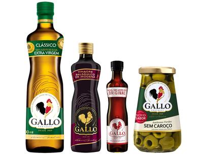 Kit Gallo Azeite de Oliva 500ml + Molho de Pimenta - 50ml + Vinagre Balsâmico 250ml + Azeitona 150g
