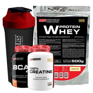 Kit Whey Protein 500g Bau + BCAA 4,5 100g + Creatine 100g + Brinde: Coqueteleira Bodybuilders