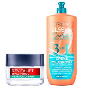 LOréal Paris Kit Gel Creme Facial Antioleosidade Revitalift Hialurônico + Creme Milagroso 3 em 1 Elseve Cacho dos Sonhos -...