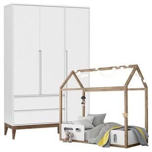 Cama Montessoriana Liv e Guarda Roupa Infantil Nature Clean 3 Portas Branco Soft Teka Matic - Matic Moveis