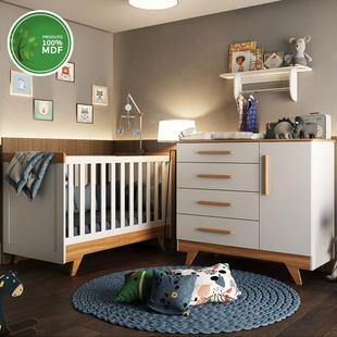 Quarto Bebê Completo com Berço Retro, Cômoda Retrô Lisa e Prateleira Peroba Branco/Carvalho - Moveis Peroba 0