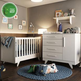 Quarto Bebê Completo com Berço Retro, Cômoda Retrô Lisa e Prateleira Peroba Branco - Moveis Peroba 0