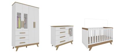 Quarto Bebê Retro Moveis Peroba 100% MDF 04 portas Branco Carvalho Branco Carvalho