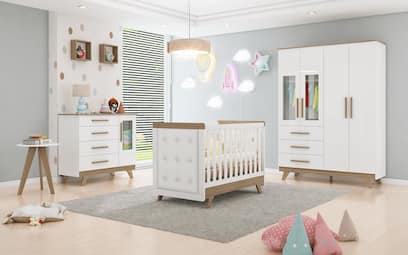 Quarto Completo Bebê Retro com capitonê 100% MDF Branco Carvalho Moveis Peroba Branco Carvalho