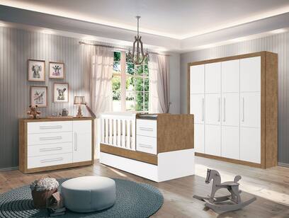 Quarto Completo Bebê Affetto Berço Multifuncional 100% MDF Amêndoa Planet Baby Amêndoa Branco
