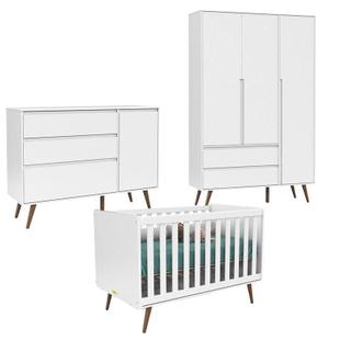 Quarto de Bebê 3 Portas Comoda com Porta Retro Clean Branco Acetinado Eco Wood - Matic - Matic Moveis