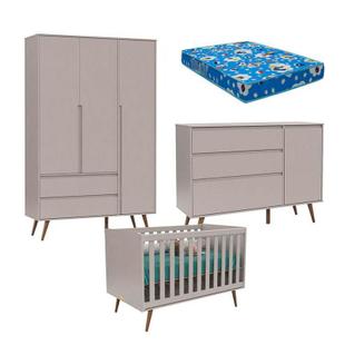Quarto de Bebê 3 Portas Cômoda com Porta Retro Clean Cinza Eco Wood e Colchão - Matic - Matic Moveis