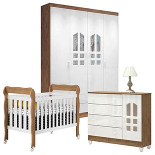 Quarto de Bebê 4 Portas Selena com Berço Americano Lila Branco Acetinado Amadeirado Carolina Móveis - Carolina Baby