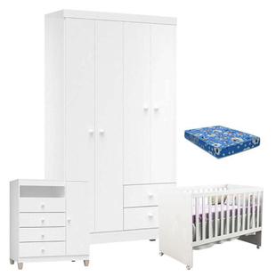 Quarto de Bebê 4 Portas Ternura Baby com Berço Gabi Branco Brilho com Colchão - Incorplac