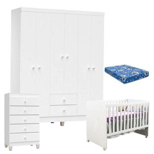 Quarto de Bebê 6 Portas com Gaveteiro Ternura Baby e Berço Gabi Branco Brilho com Colchão - Incorplac