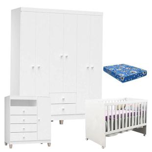 Quarto de Bebê 6 Portas Ternura Baby com Berço Gabi Branco Brilho com Colchão - Incorplac