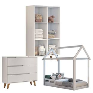 Quarto de Bebê Analu com Mini Cama Montessoriana e Cômoda 3 Gavetas Branco Acetinado - Carolina - Carolina Baby