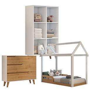Quarto de Bebê Analu com Mini Cama Montessoriana e Cômoda 3 Gavetas Branco Bétula - Carolina - Carolina Baby