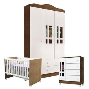 Quarto de Bebê Ariel 3 Portas com Berço Gabi Branco Acetinado Amadeirado - Carolina - Carolina Baby