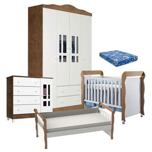 Quarto de Bebê Ariel 4 Portas Berço Mirelle com Colchão e Cama Babá Julia Branco Acetinado Amadeirado Carolina - Carolina Baby