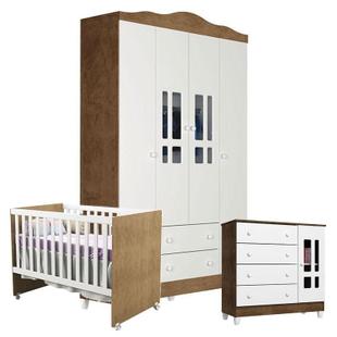 Quarto de Bebê Ariel com Berço Gabi Branco Acetinado Amadeirado - Carolina - Carolina Baby