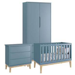 Quarto de Bebê Classic 2 Portas Azul com Pés Madeira Natural Reller